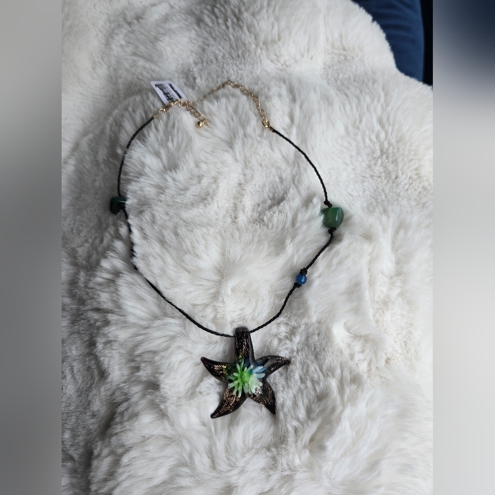 NWT! Free People, Glass Starfish & Stone Necklace, Black/Blue/Green